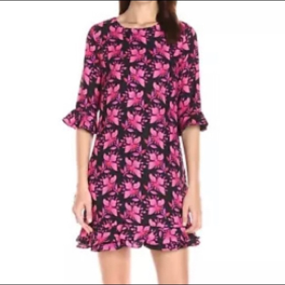 CeCe Pink floral prints ruffle trim shift dress